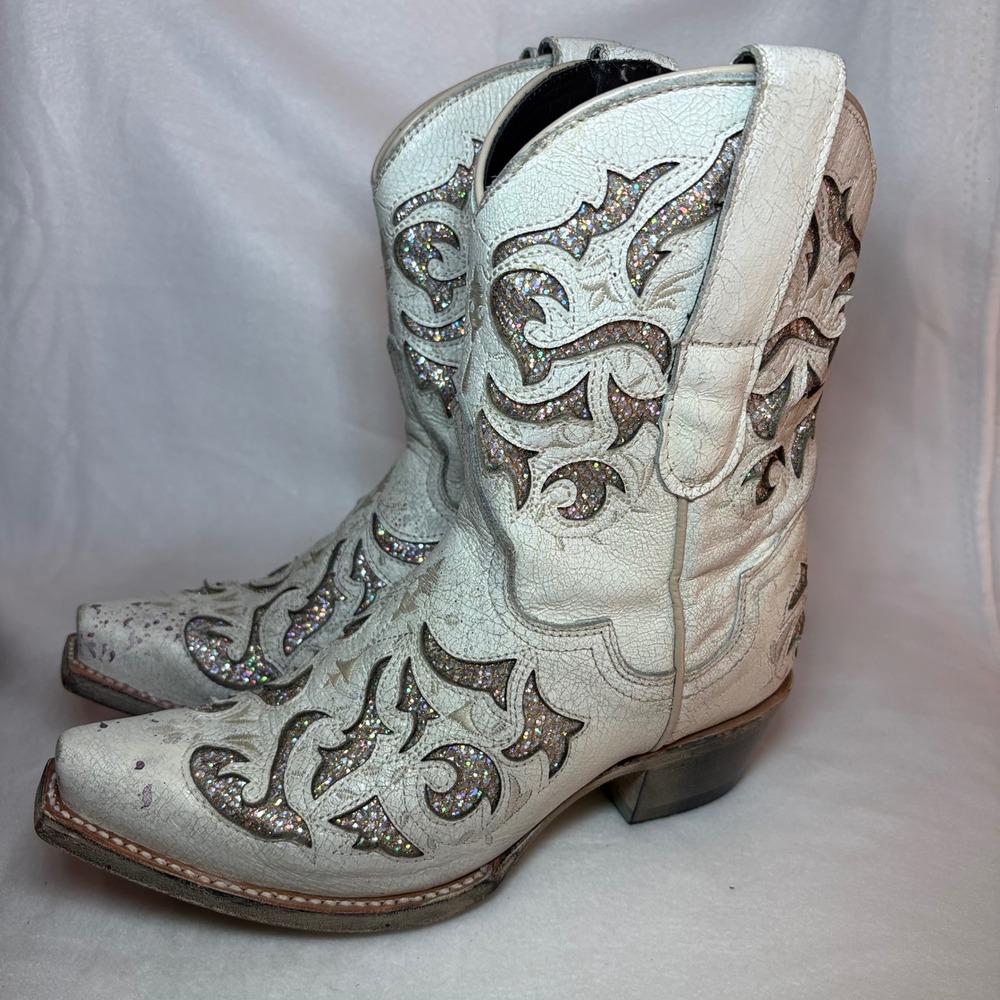 JB Dillon White Cracked Leather Glitter Inlay Western Boots BRP2022B Womens 5B